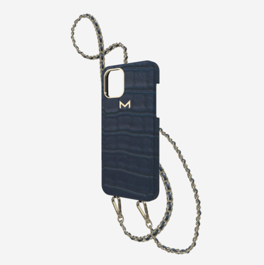 Classic Necklace Case for iPhone 13 Pro in Genuine Alligator Night Blue Yellow Gold 