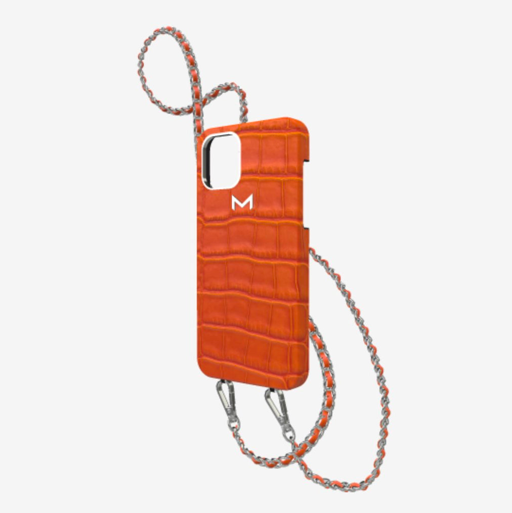 Classic Necklace Case for iPhone 13 Pro in Genuine Alligator Orange Cocktail Steel 316 
