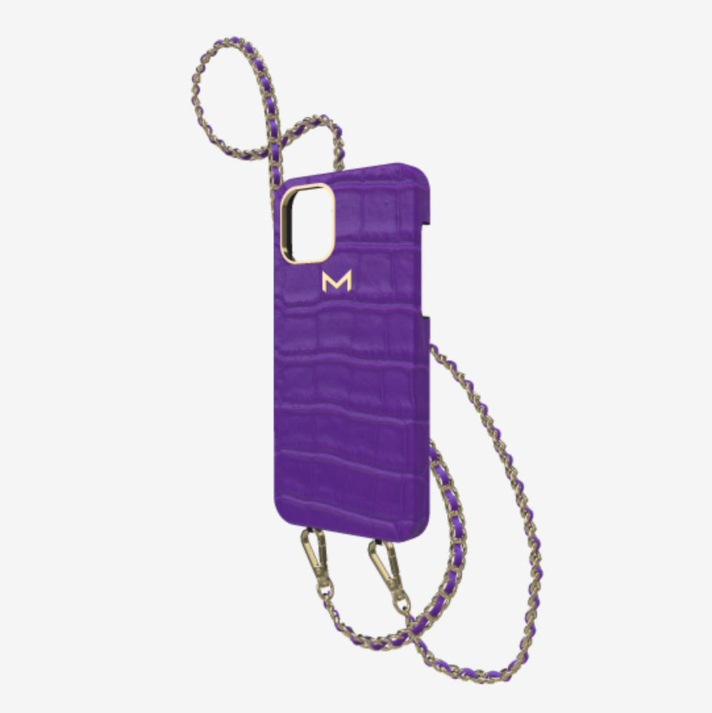 Classic Necklace Case for iPhone 13 Pro in Genuine Alligator Purple Rain Yellow Gold 