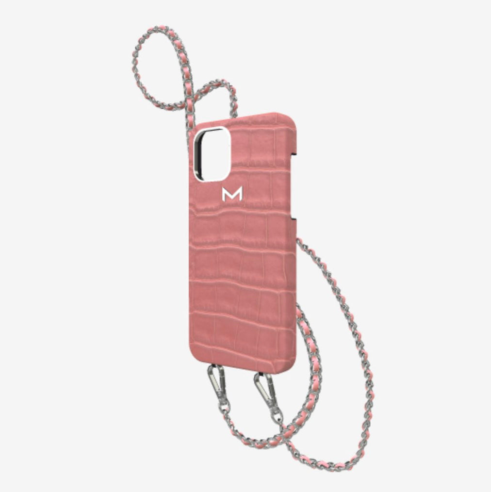 Classic Necklace Case for iPhone 13 Pro in Genuine Alligator Sweet Rose Steel 316 