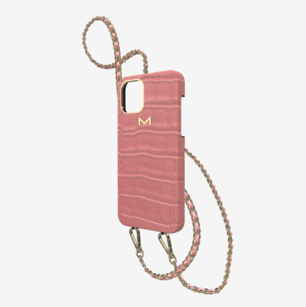 Classic Necklace Case for iPhone 13 Pro in Genuine Alligator Sweet Rose Yellow Gold 