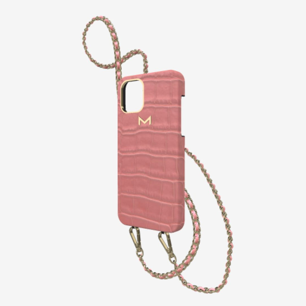 Classic Necklace Case for iPhone 13 Pro in Genuine Alligator Sweet Rose Yellow Gold 