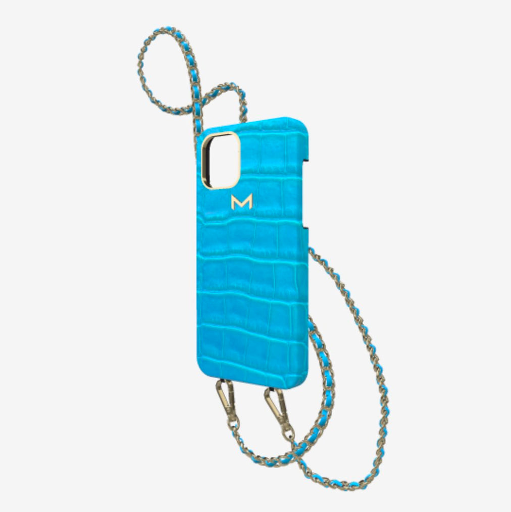 Classic Necklace Case for iPhone 13 Pro in Genuine Alligator Tropical Blue Yellow Gold 