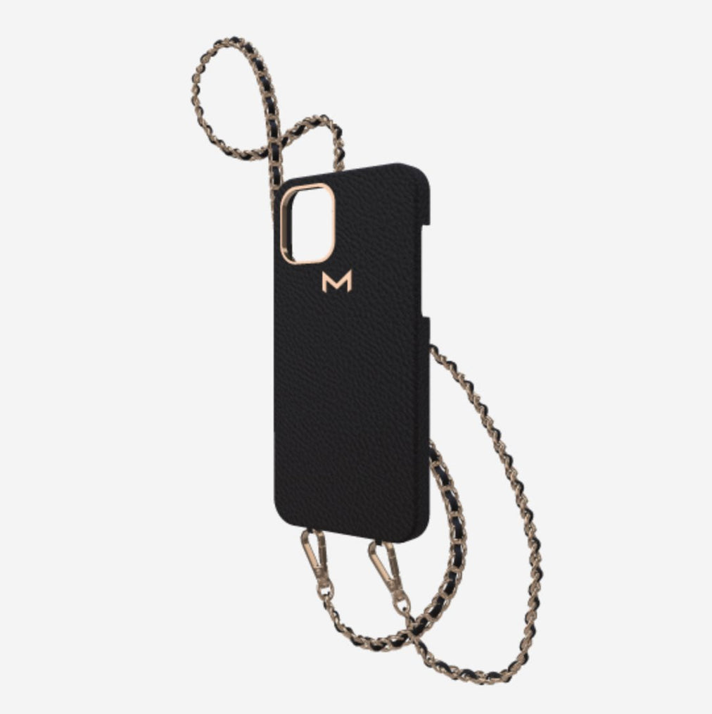 Classic Necklace Case for iPhone 13 Pro in Genuine Calfskin Bond Black Rose Gold 