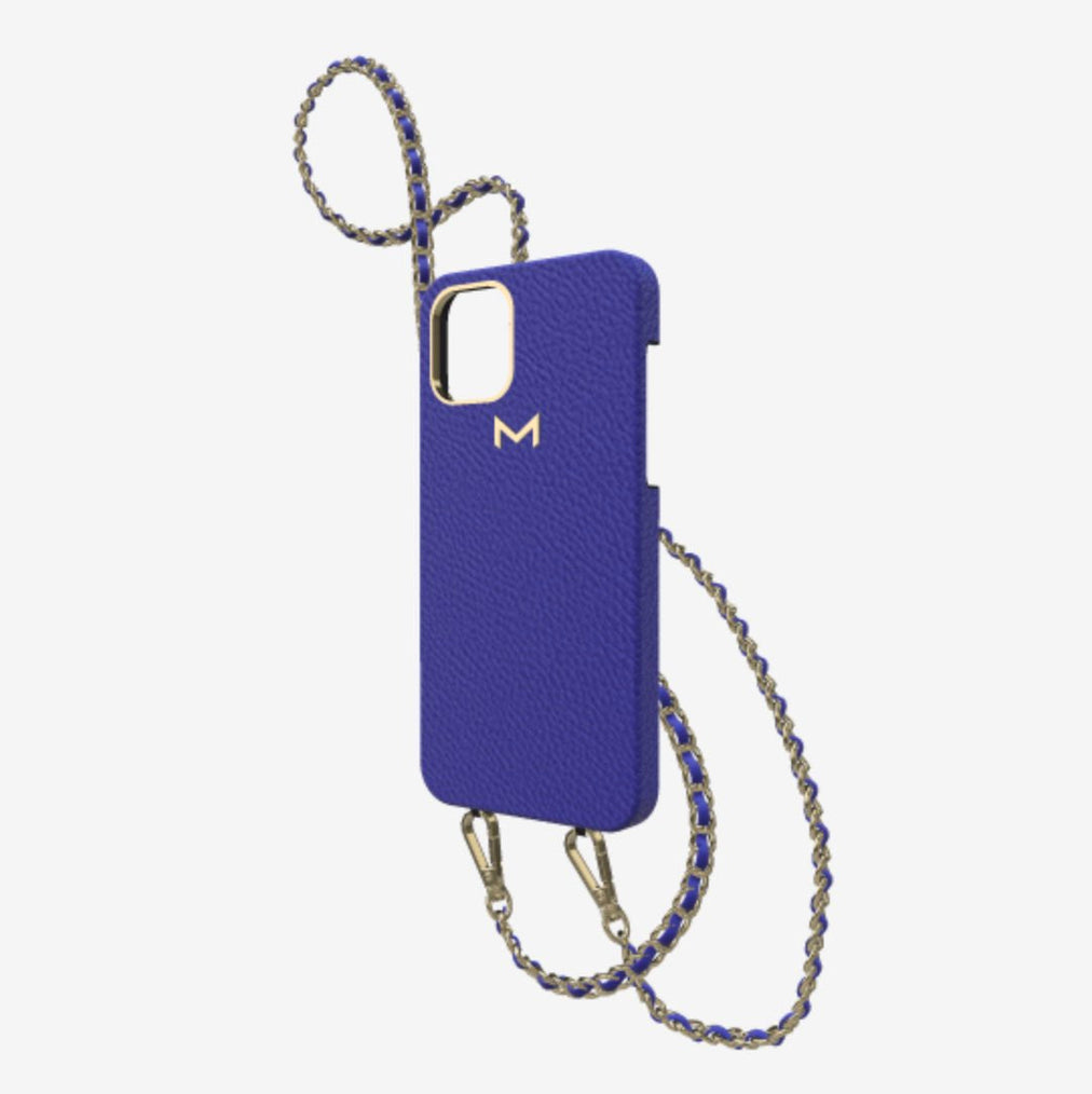 Classic Necklace Case for iPhone 13 Pro in Genuine Calfskin Electric Blue Yellow Gold 