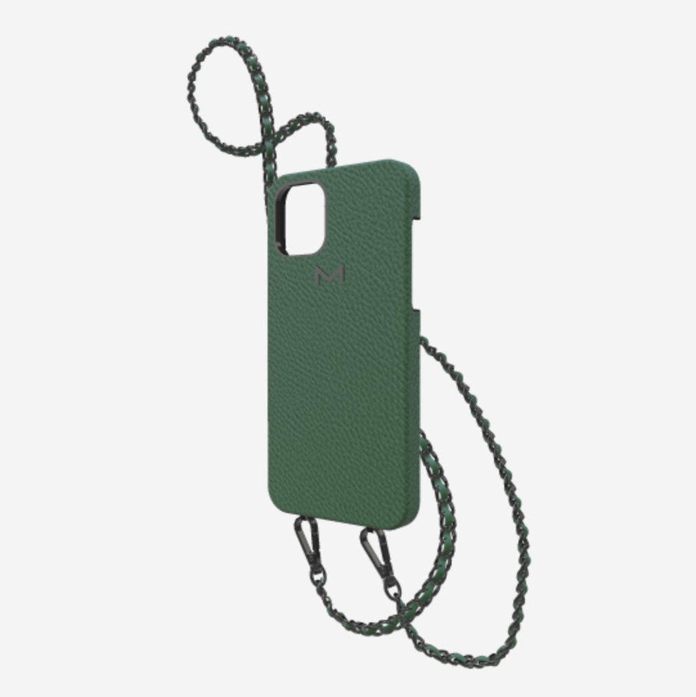 Classic Necklace Case for iPhone 13 Pro in Genuine Calfskin Emerald Green Black Plating 