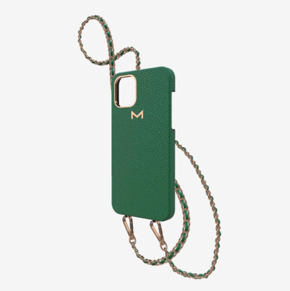 Classic Necklace Case for iPhone 13 Pro in Genuine Calfskin Emerald Green Rose Gold 
