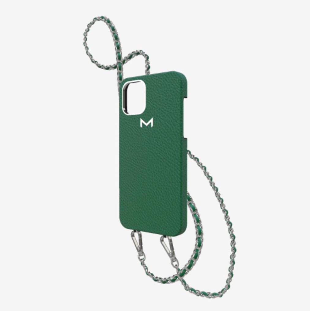 Classic Necklace Case for iPhone 13 Pro in Genuine Calfskin Emerald Green Steel 316 