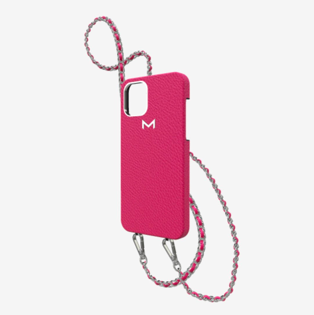 Classic Necklace Case for iPhone 13 Pro in Genuine Calfskin Fuchsia Party Steel 316 