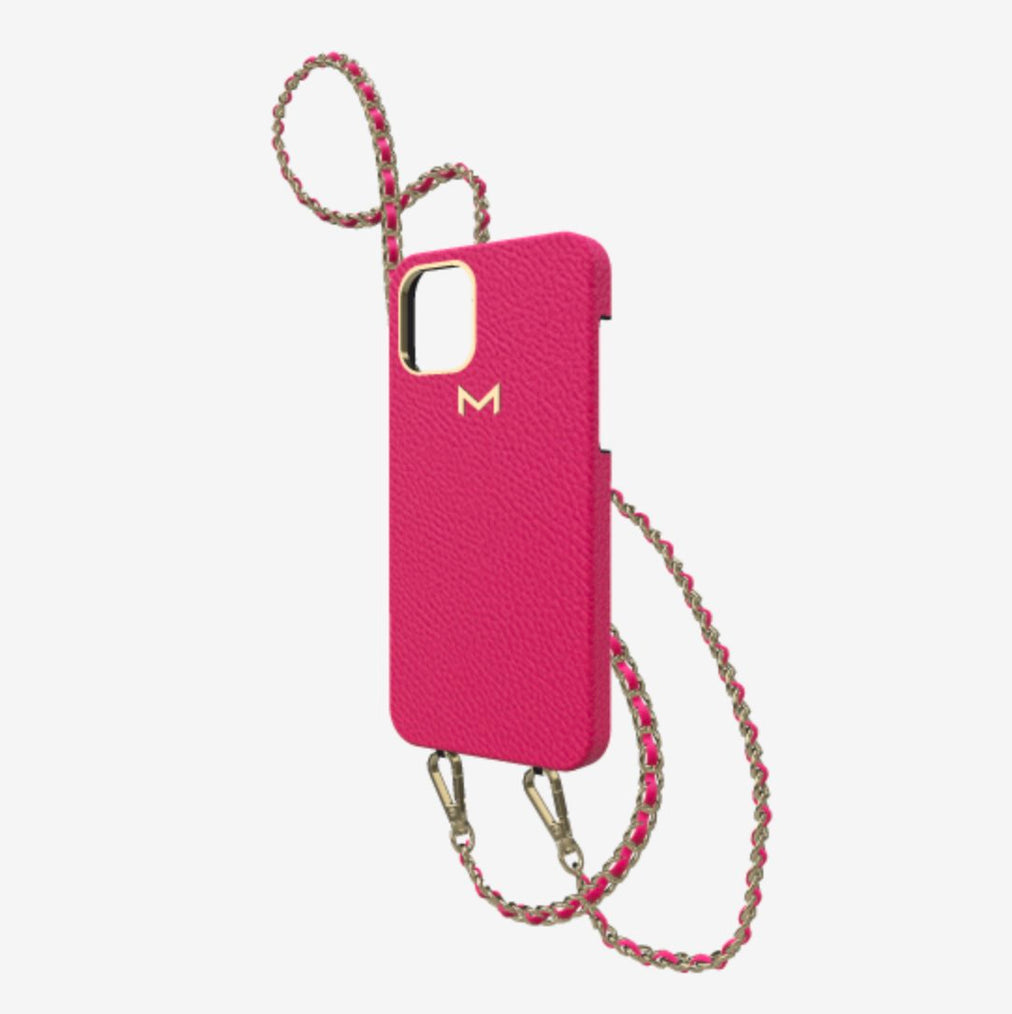 Classic Necklace Case for iPhone 13 Pro in Genuine Calfskin Fuchsia Party Yellow Gold 
