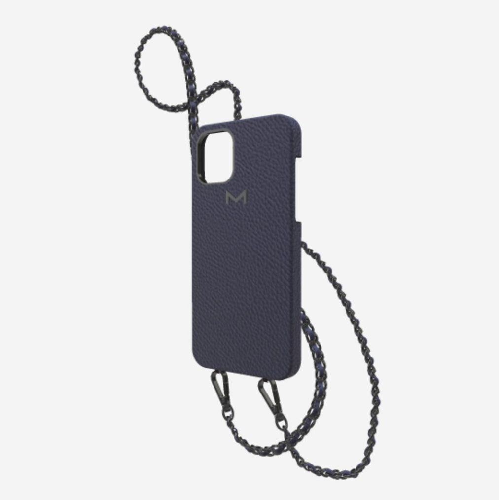 Classic Necklace Case for iPhone 13 Pro in Genuine Calfskin Navy Blue Black Plating 