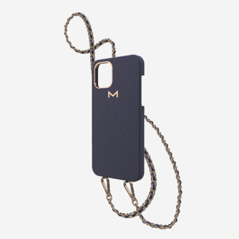 Classic Necklace Case for iPhone 13 Pro in Genuine Calfskin Navy Blue Rose Gold 