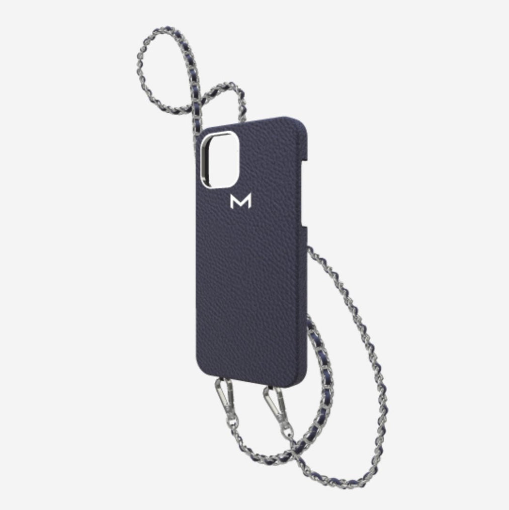 Classic Necklace Case for iPhone 13 Pro in Genuine Calfskin Navy Blue Steel 316 