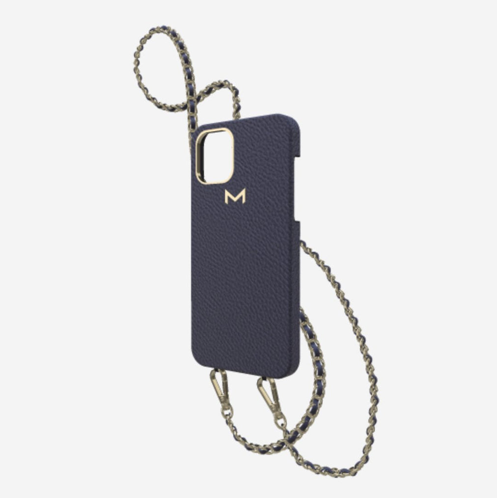 Classic Necklace Case for iPhone 13 Pro in Genuine Calfskin Navy Blue Yellow Gold 