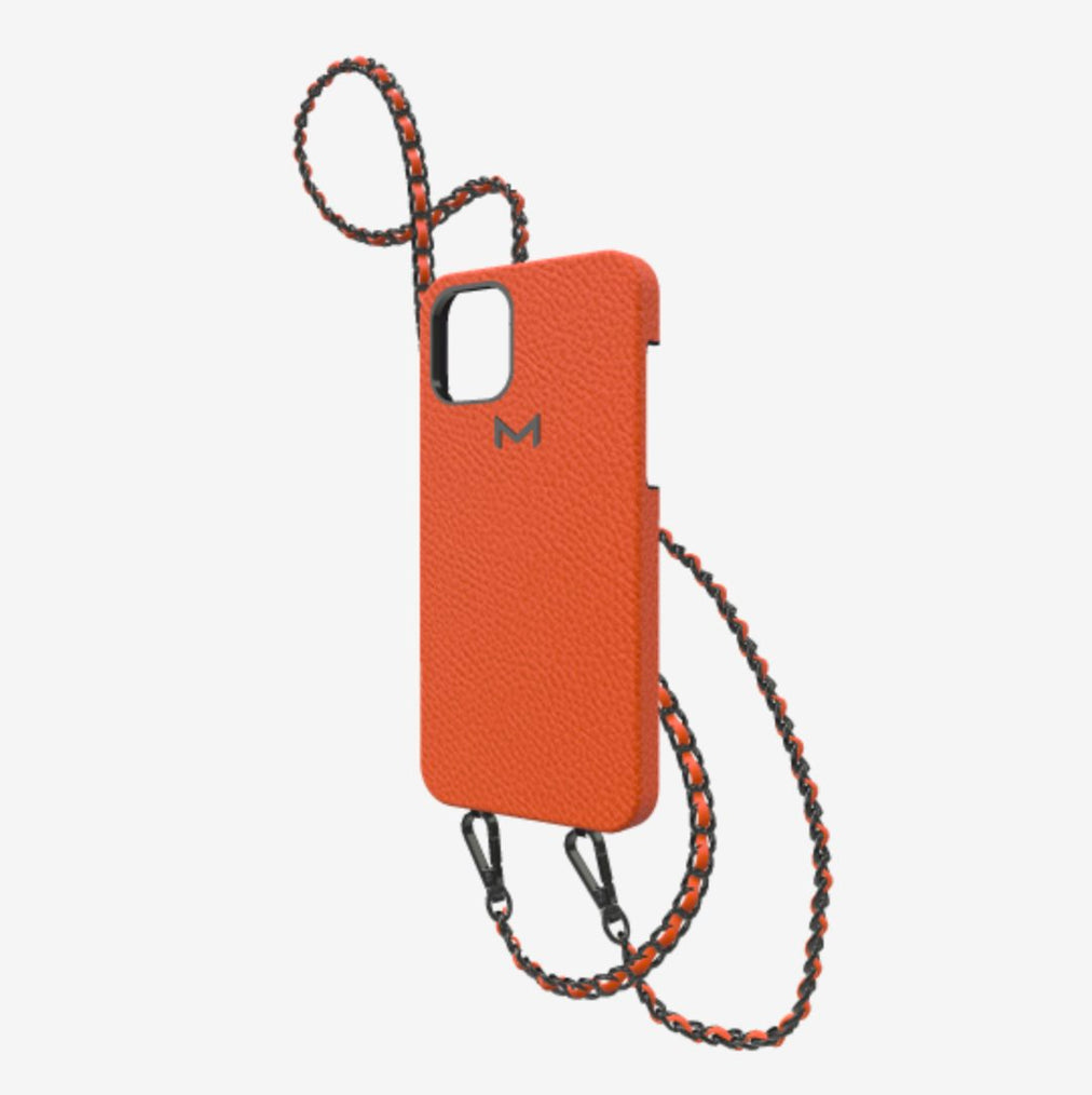 Classic Necklace Case for iPhone 13 Pro in Genuine Calfskin Orange Cocktail Black Plating 