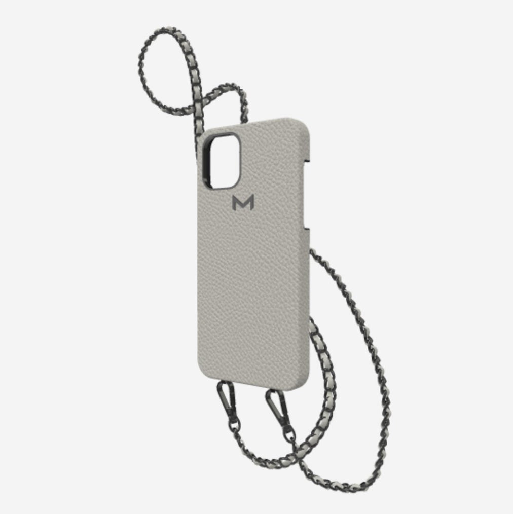 Classic Necklace Case for iPhone 13 Pro in Genuine Calfskin Pearl Grey Black Plating 