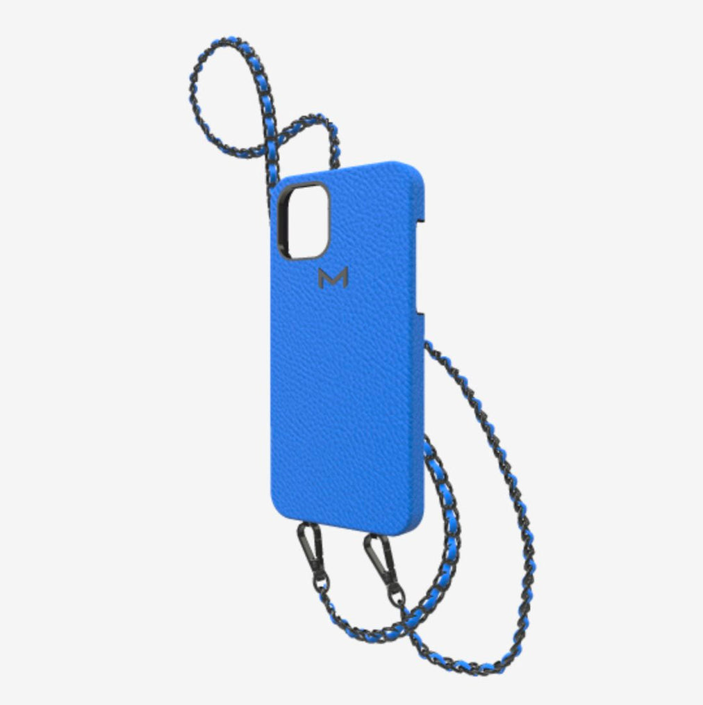 Classic Necklace Case for iPhone 13 Pro in Genuine Calfskin Royal Blue Black Plating 
