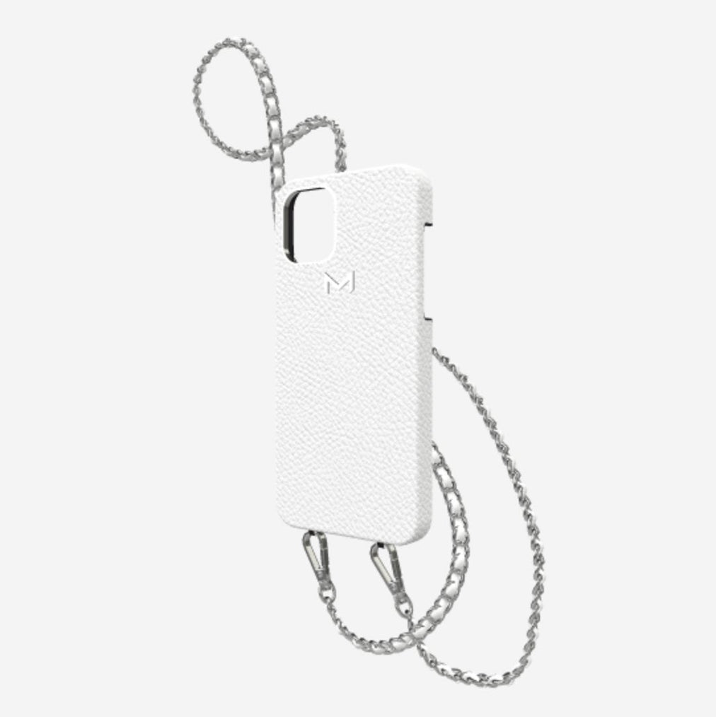 Classic Necklace Case for iPhone 13 Pro in Genuine Calfskin White Angel Steel 316 