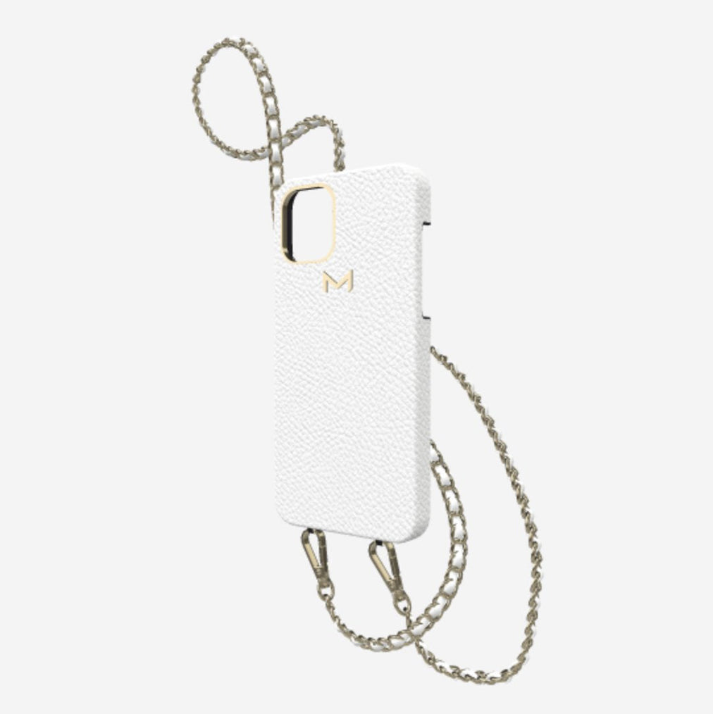 Classic Necklace Case for iPhone 13 Pro in Genuine Calfskin White Angel Yellow Gold 