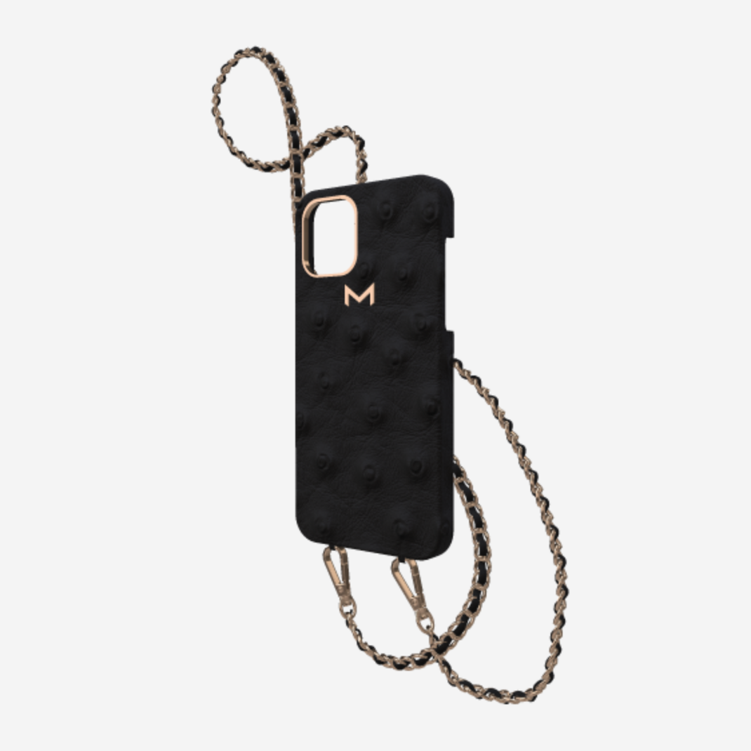 Classic Necklace Case for iPhone 13 Pro in Genuine Ostrich Bond Black Rose Gold 
