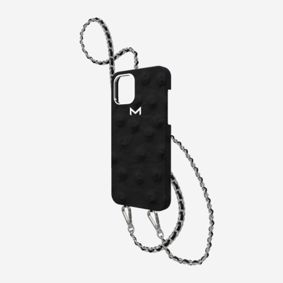 Classic Necklace Case for iPhone 13 Pro in Genuine Ostrich Bond Black Steel 316 