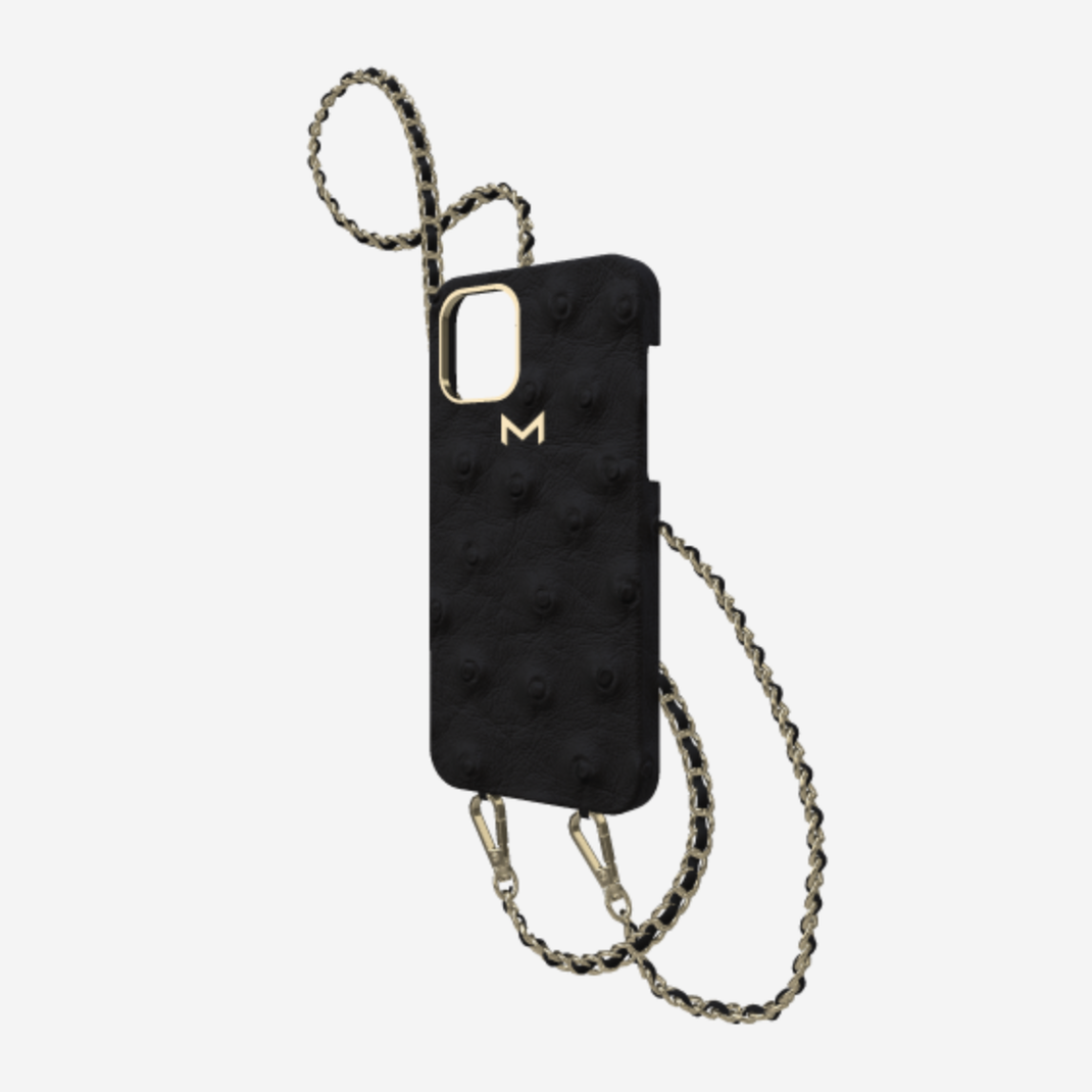 Classic Necklace Case for iPhone 13 Pro in Genuine Ostrich Bond Black Yellow Gold 