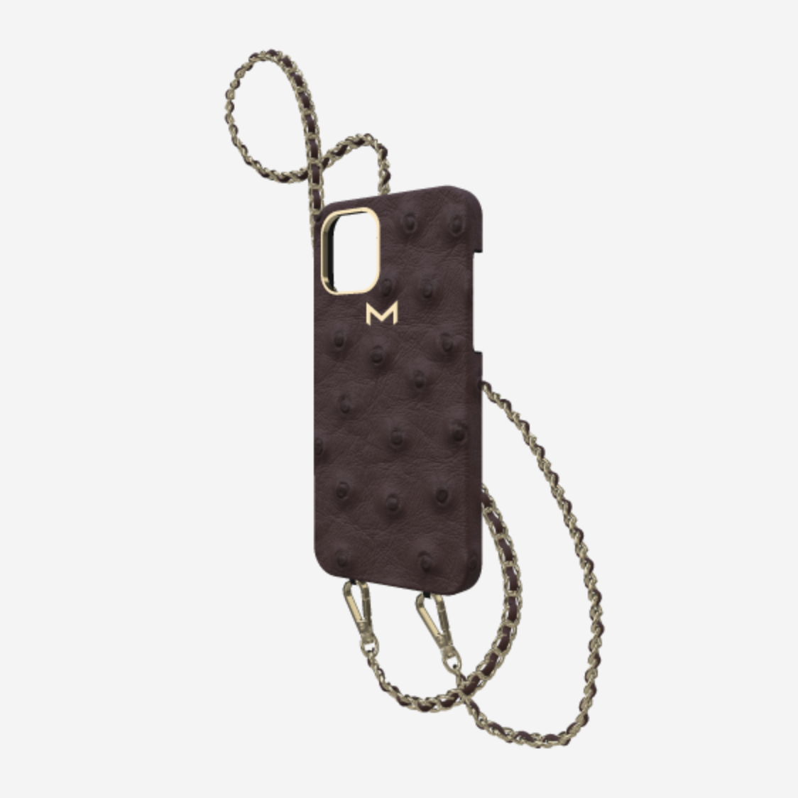 Classic Necklace Case for iPhone 13 Pro in Genuine Ostrich Borsalino Brown Yellow Gold 