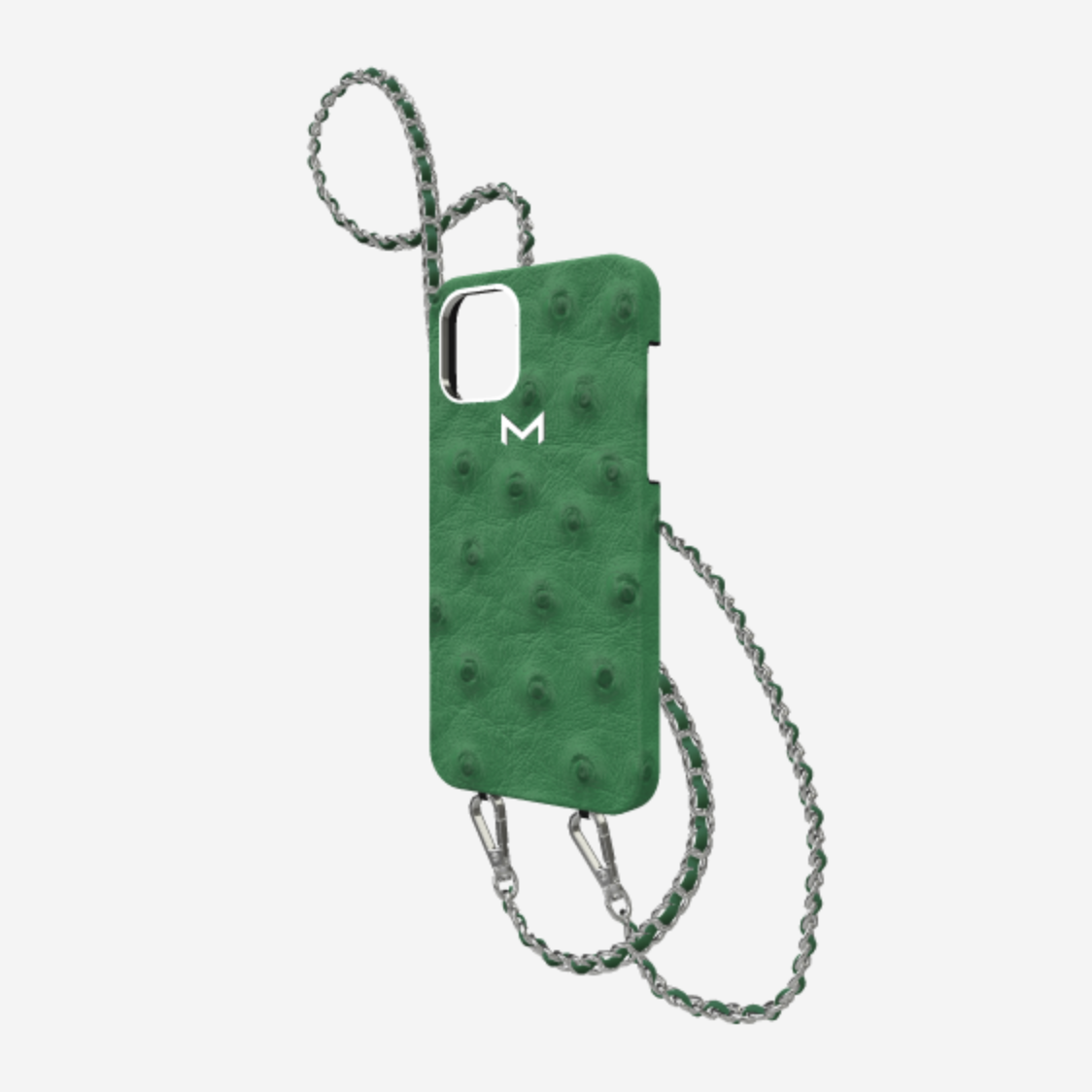 Classic Necklace Case for iPhone 13 Pro in Genuine Ostrich Emerald Green Steel 316 