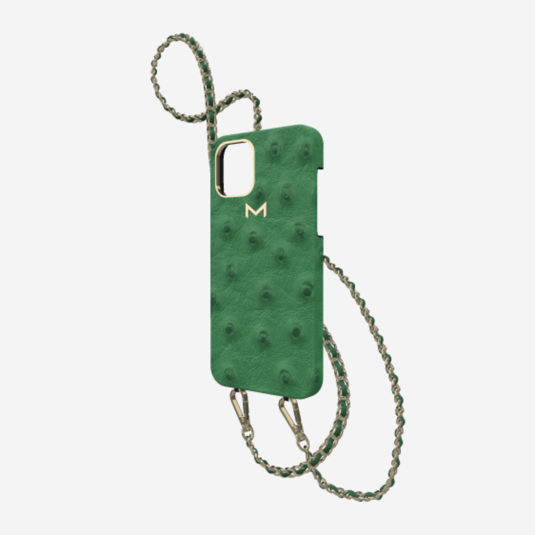 Classic Necklace Case for iPhone 13 Pro in Genuine Ostrich Emerald Green Yellow Gold 