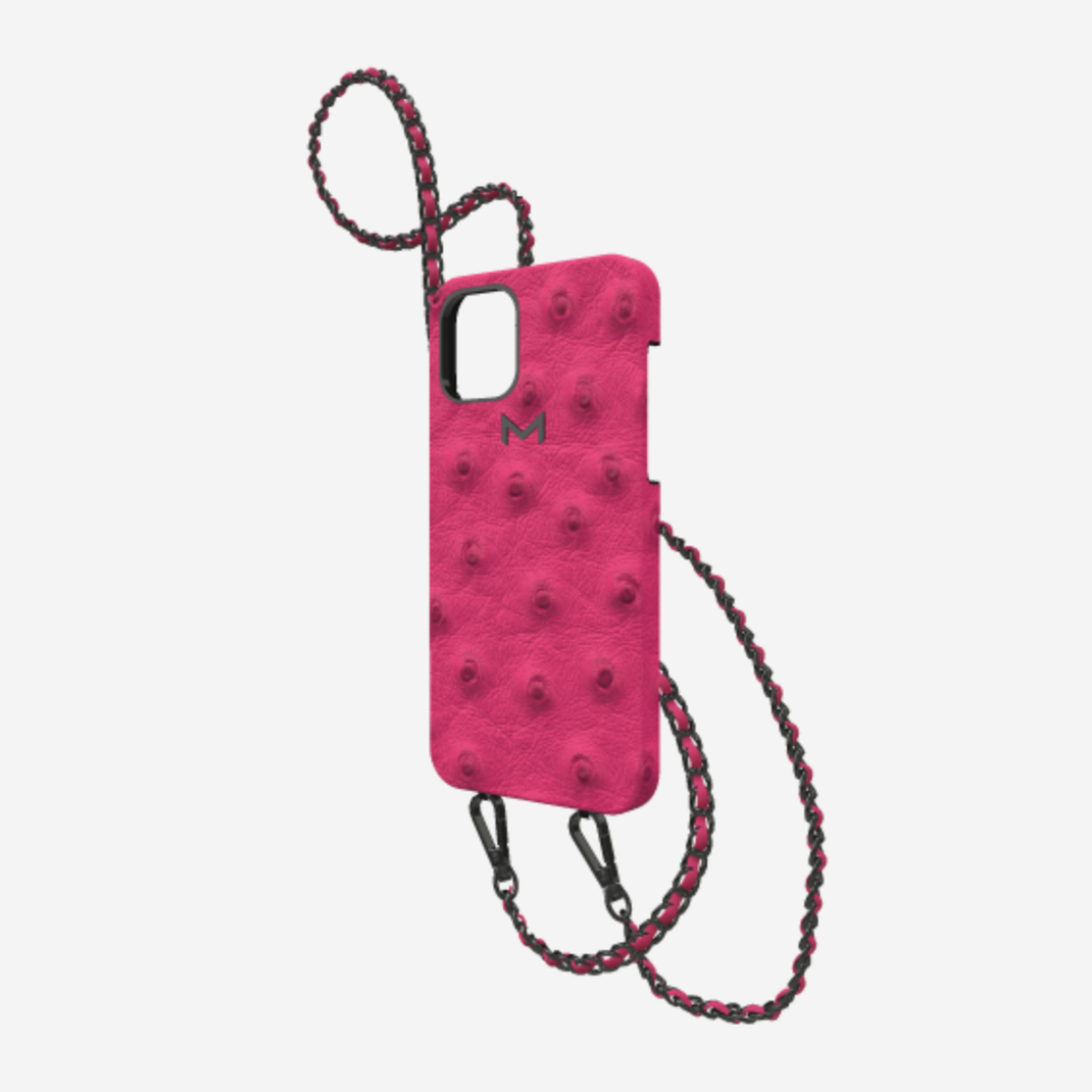 Classic Necklace Case for iPhone 13 Pro in Genuine Ostrich Fuchsia Party Black Plating 