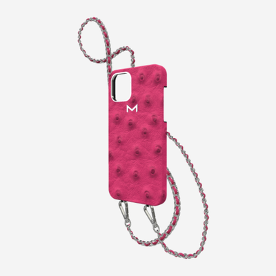 Classic Necklace Case for iPhone 13 Pro in Genuine Ostrich Fuchsia Party Steel 316 