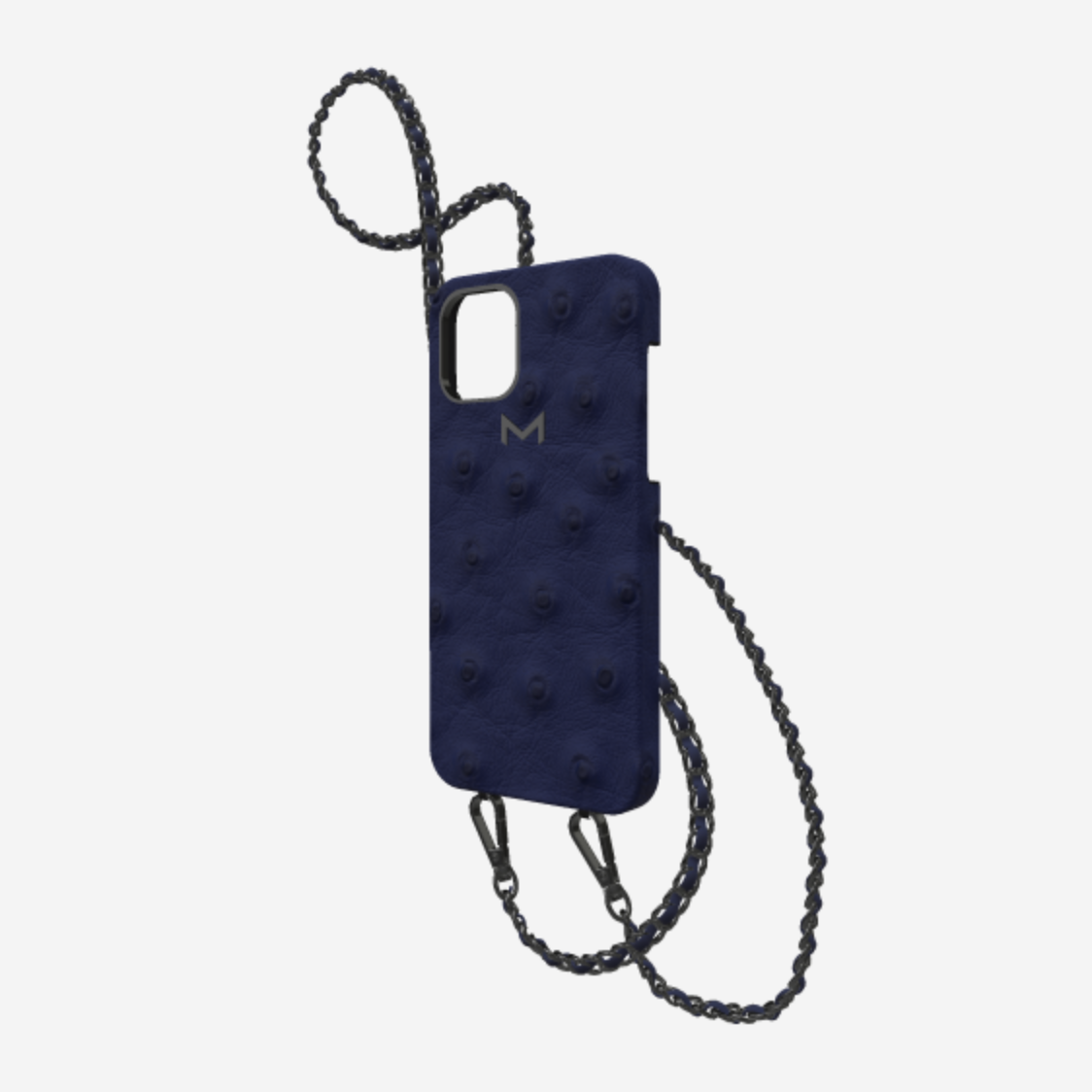 Classic Necklace Case for iPhone 13 Pro in Genuine Ostrich Navy Blue Black Plating 