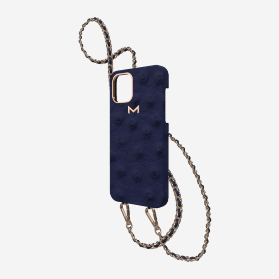 Classic Necklace Case for iPhone 13 Pro in Genuine Ostrich Navy Blue Rose Gold 