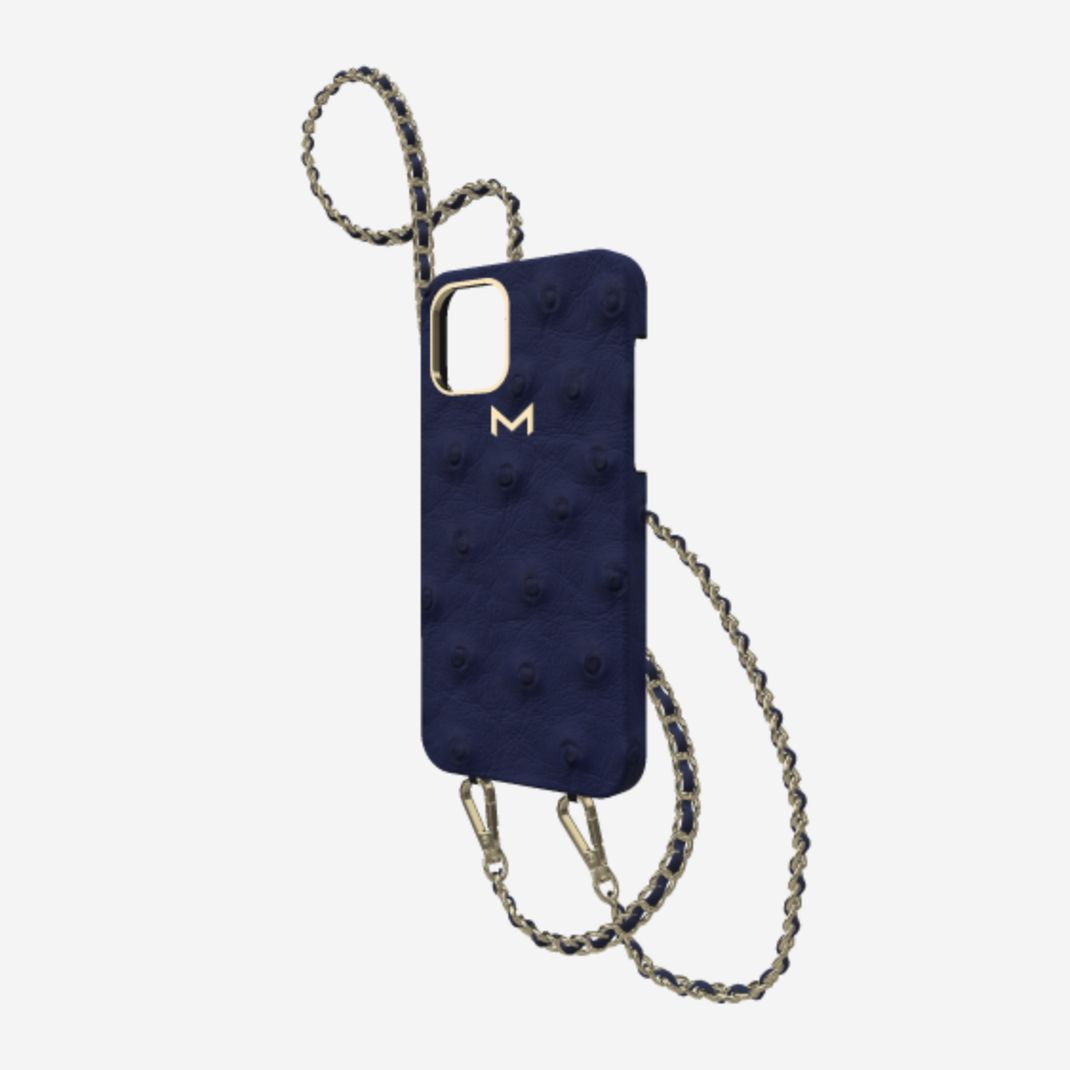 Classic Necklace Case for iPhone 13 Pro in Genuine Ostrich Navy Blue Yellow Gold 