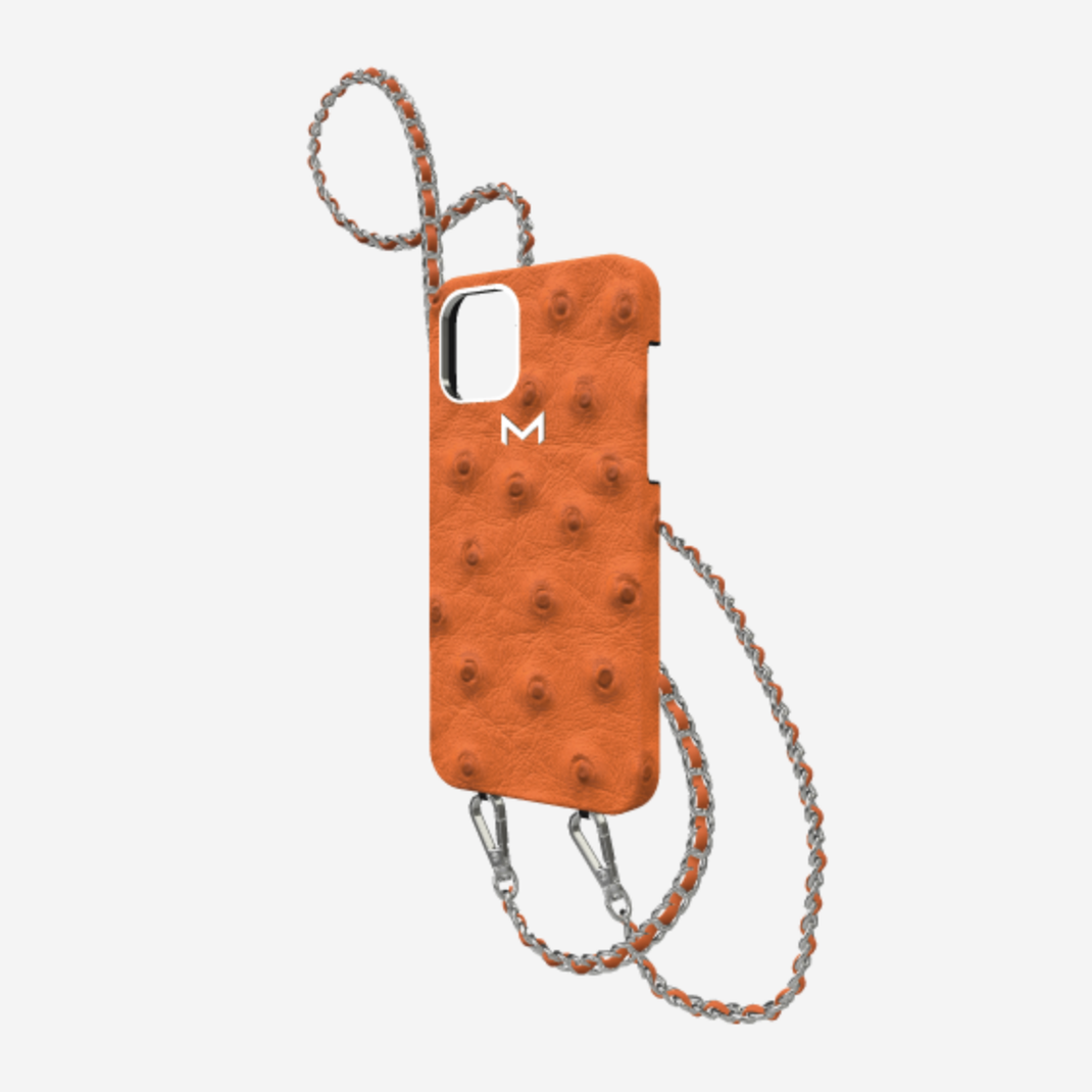Classic Necklace Case for iPhone 13 Pro in Genuine Ostrich Orange Cocktail Steel 316 