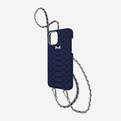 Classic Necklace Case for iPhone 13 Pro in Genuine Python Navy Blue Steel 316 