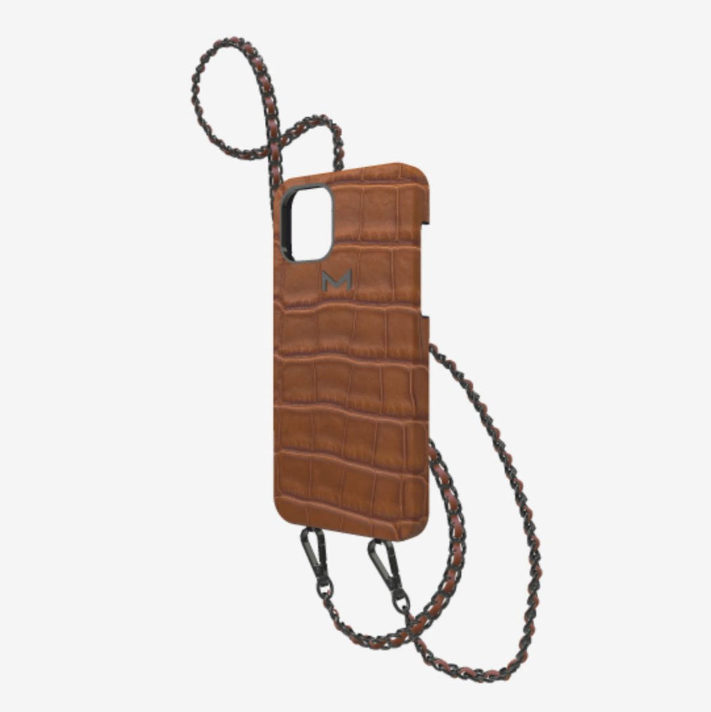 Classic Necklace Case for iPhone 13 Pro Max in Genuine Alligator Belmondo Brown Black Plating 