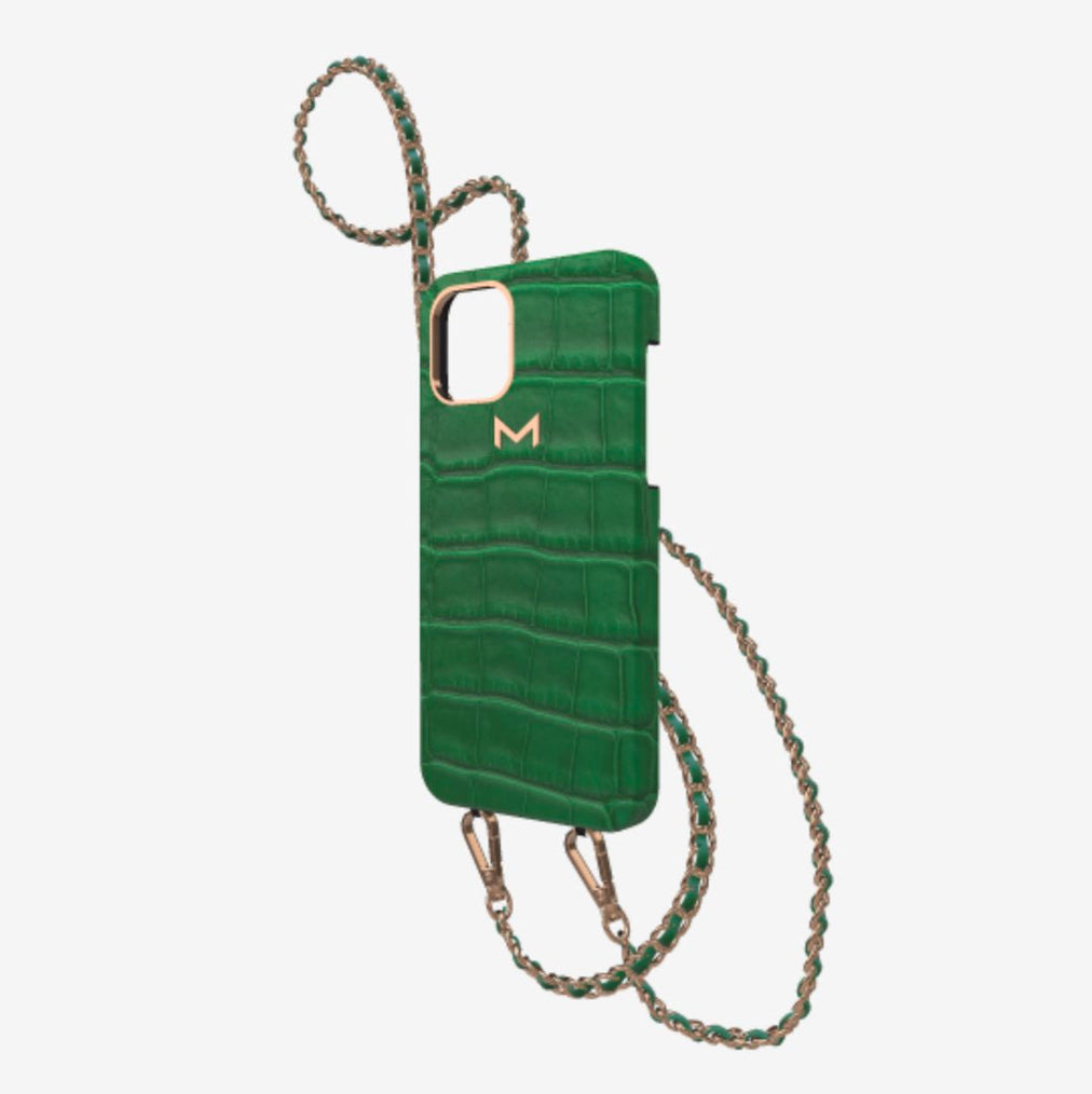 Classic Necklace Case for iPhone 13 Pro Max in Genuine Alligator Emerald Green Rose Gold 