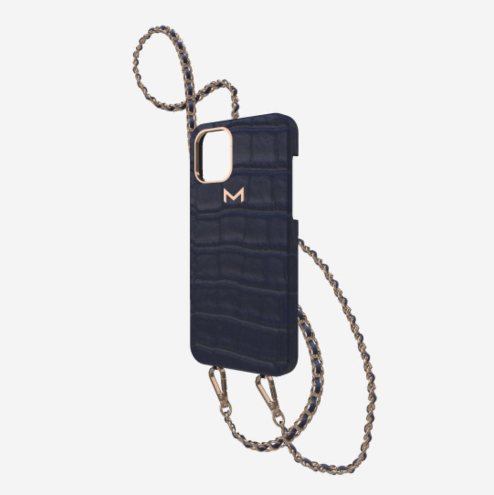 Classic Necklace Case for iPhone 13 Pro Max in Genuine Alligator Navy Blue Rose Gold 
