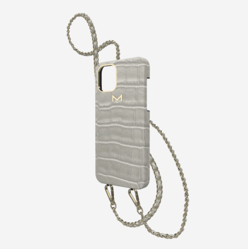 Classic Necklace Case for iPhone 13 Pro Max in Genuine Alligator Pearl Grey Yellow Gold 