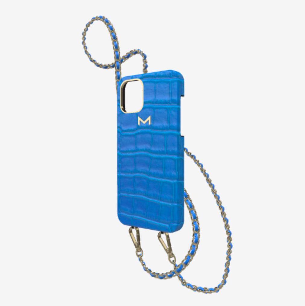 Classic Necklace Case for iPhone 13 Pro Max in Genuine Alligator Royal Blue Yellow Gold 