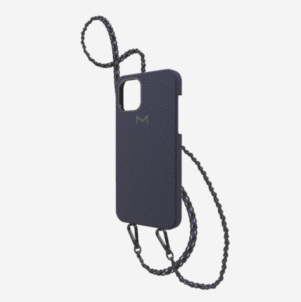 Classic Necklace Case for iPhone 13 Pro Max in Genuine Calfskin Navy Blue Black Plating 