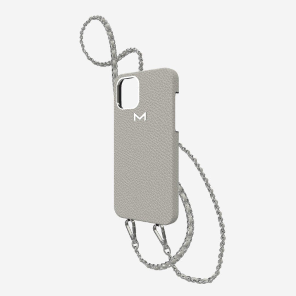 Classic Necklace Case for iPhone 13 Pro Max in Genuine Calfskin Pearl Grey Steel 316 