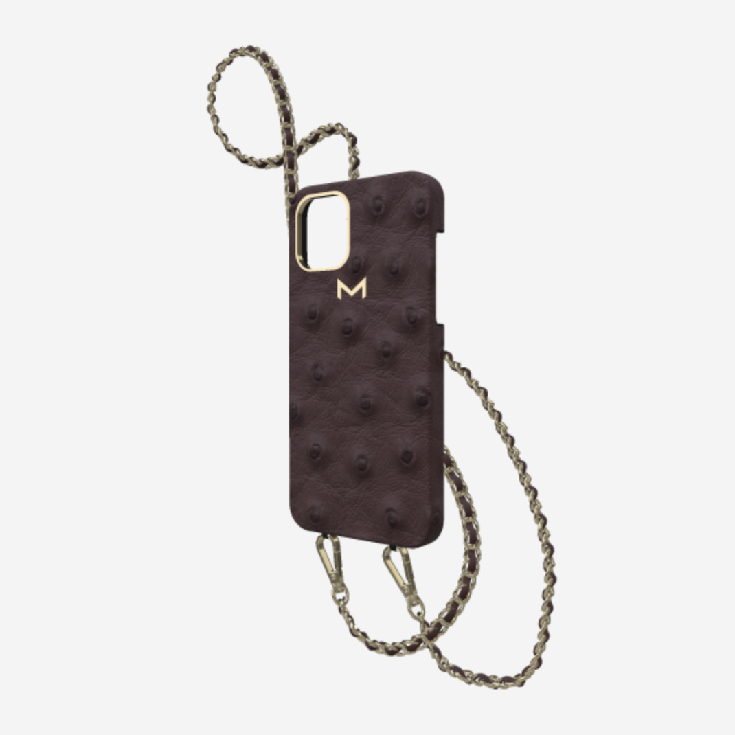 Classic Necklace Case for iPhone 13 Pro Max in Genuine Ostrich Borsalino Brown Yellow Gold 