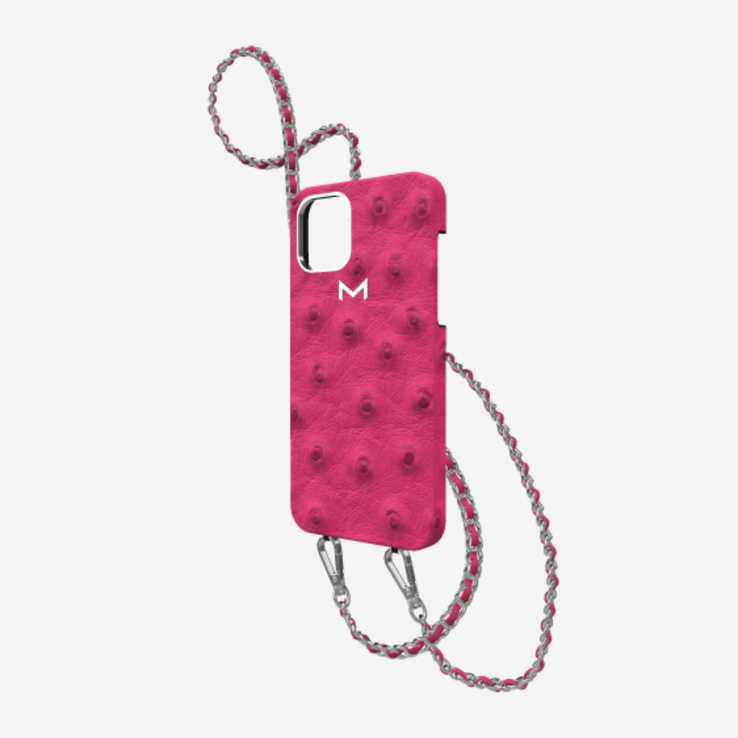 Classic Necklace Case for iPhone 13 Pro Max in Genuine Ostrich Fuchsia Party Steel 316 