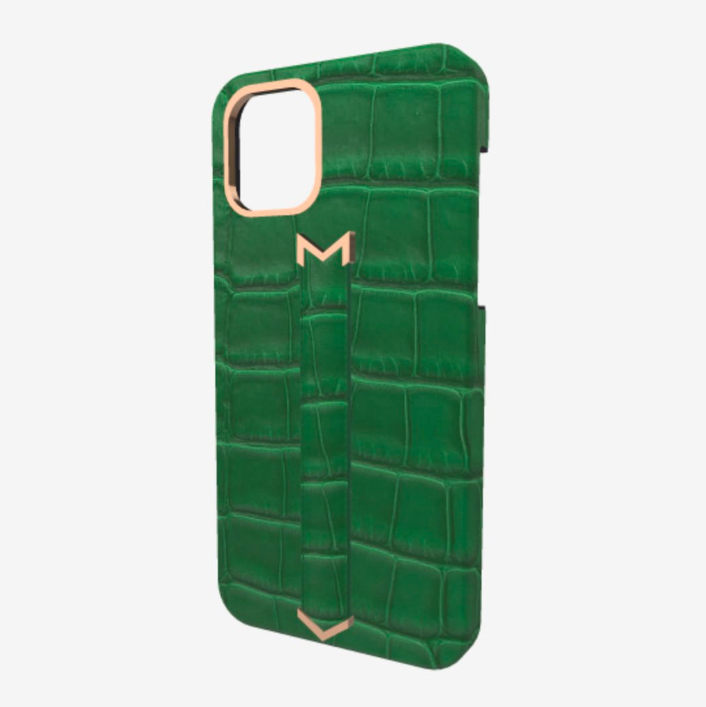 Finger Strap Case for iPhone 12 Pro in Genuine Alligator Emerald Green Rose Gold 