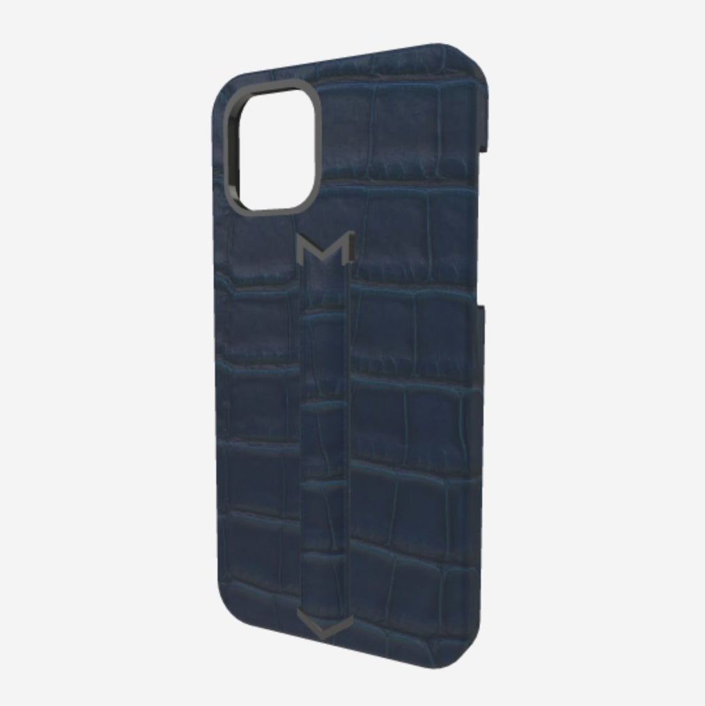Finger Strap Case for iPhone 12 Pro in Genuine Alligator Night Blue Black Plating 