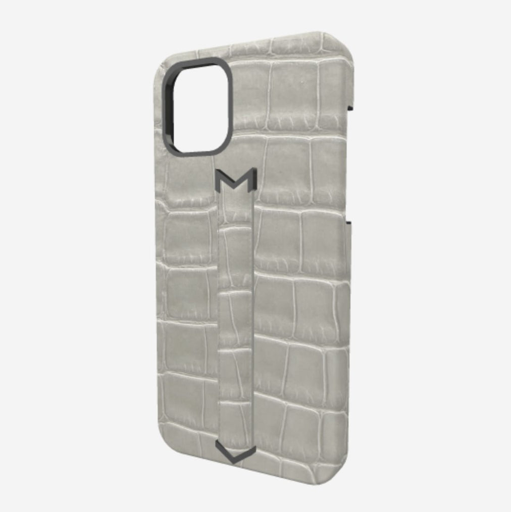 Finger Strap Case for iPhone 12 Pro in Genuine Alligator Pearl Grey Black Plating 