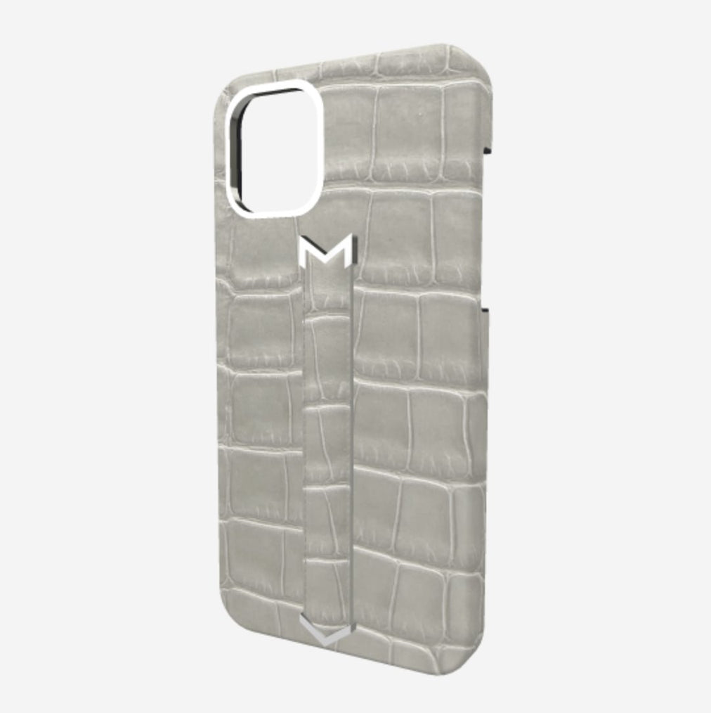 Finger Strap Case for iPhone 12 Pro in Genuine Alligator Pearl Grey Steel 316 