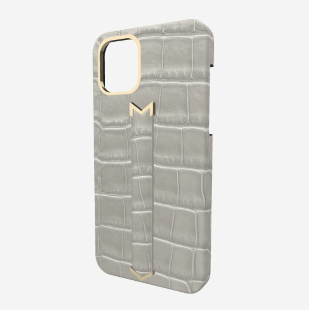 Finger Strap Case for iPhone 12 Pro in Genuine Alligator Pearl Grey Yellow Gold 